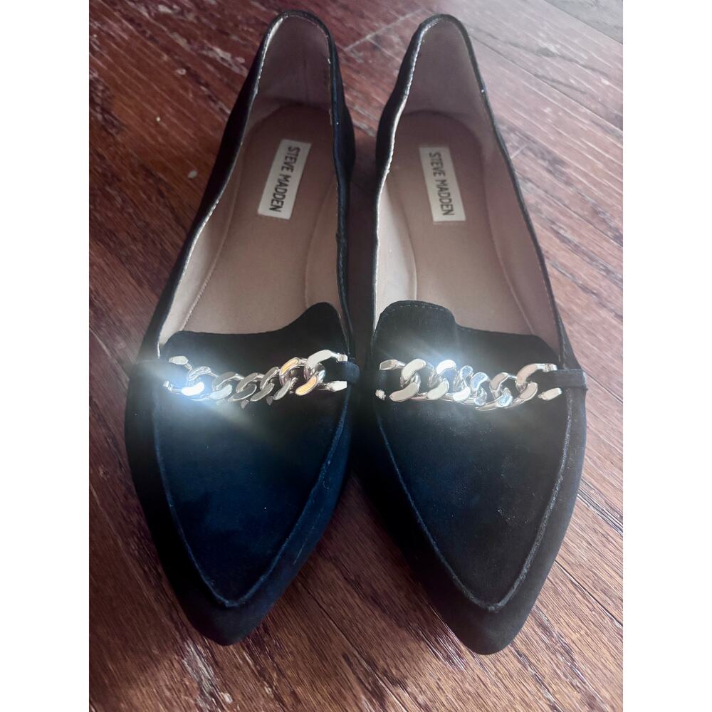 Steve Madden Black Velvet Chain Loafers Pointed Toe Flats Women Size 8.5